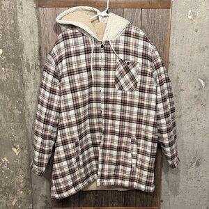 Men's Plaid Hooded Sherpa-Lined Jacket - Brown/White